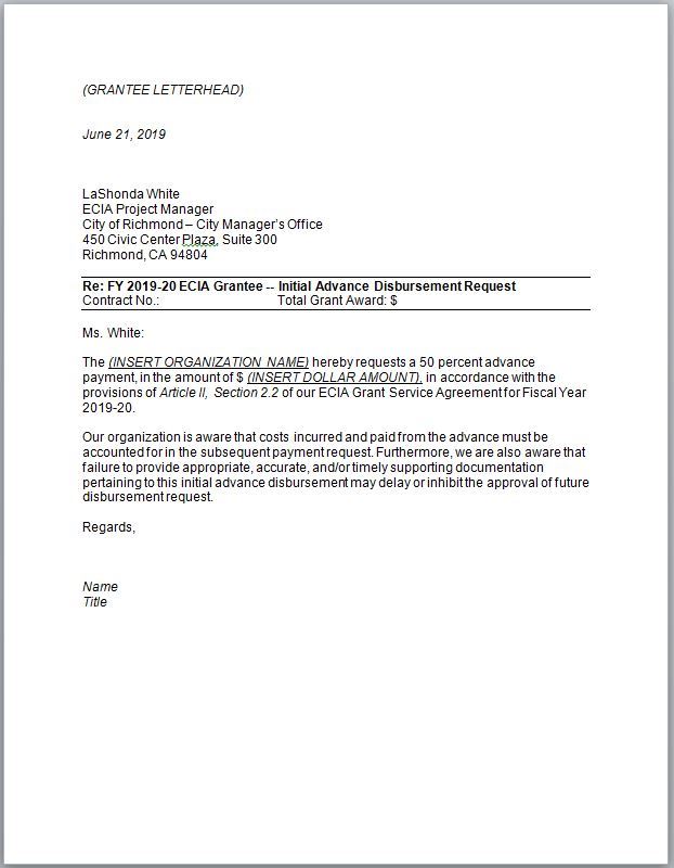 ECIA Advance Disbursement Payment Letter Template