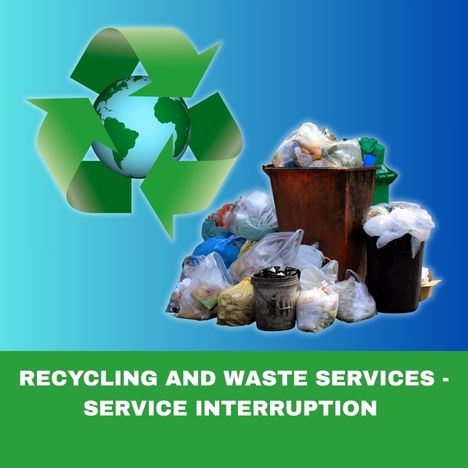 A recycle logo and a trash can with garbage surrounding the bin