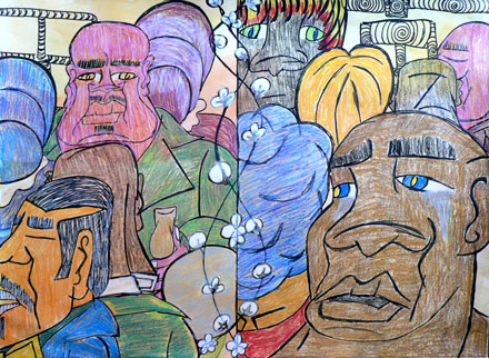 Crowd of Untitled People of Ink and Pastel on Paper