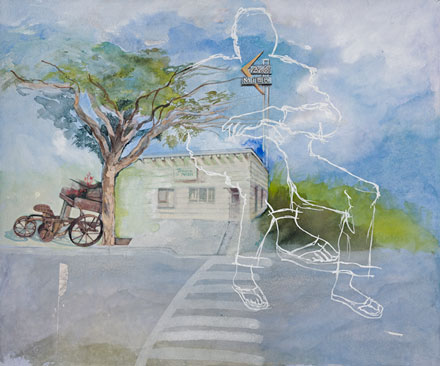 Gouache and Ink Photo of a Figure Sitting on a Little Building