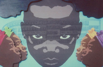 Multiple Colored Painting with a face in the Middle and People Surrounding it 